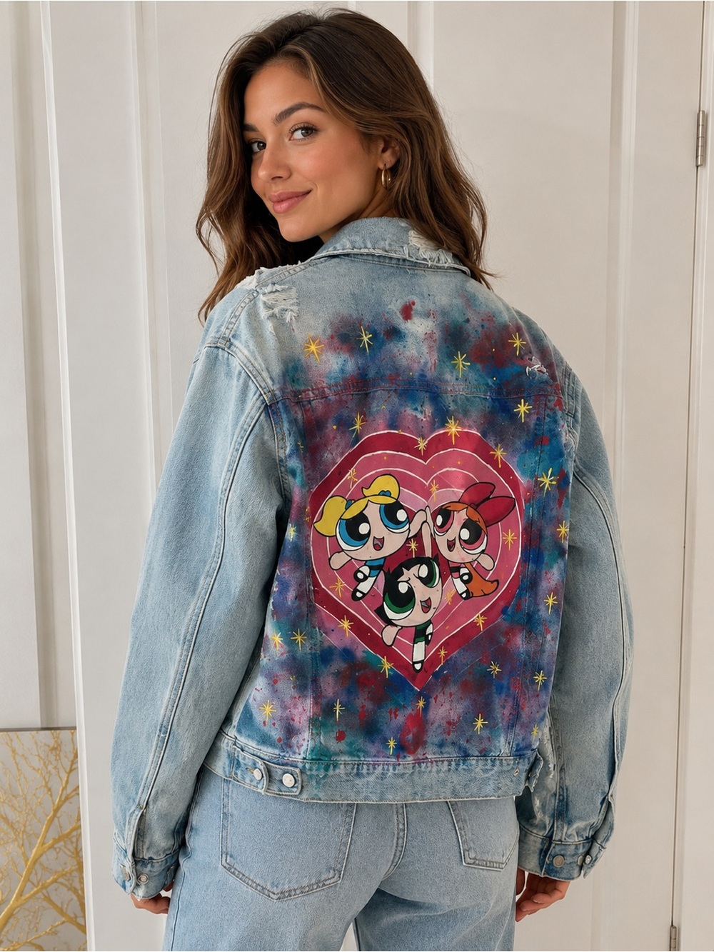 Hand-Painted Powerpuff woman’s Denim Jacket - Colorful Heart Back